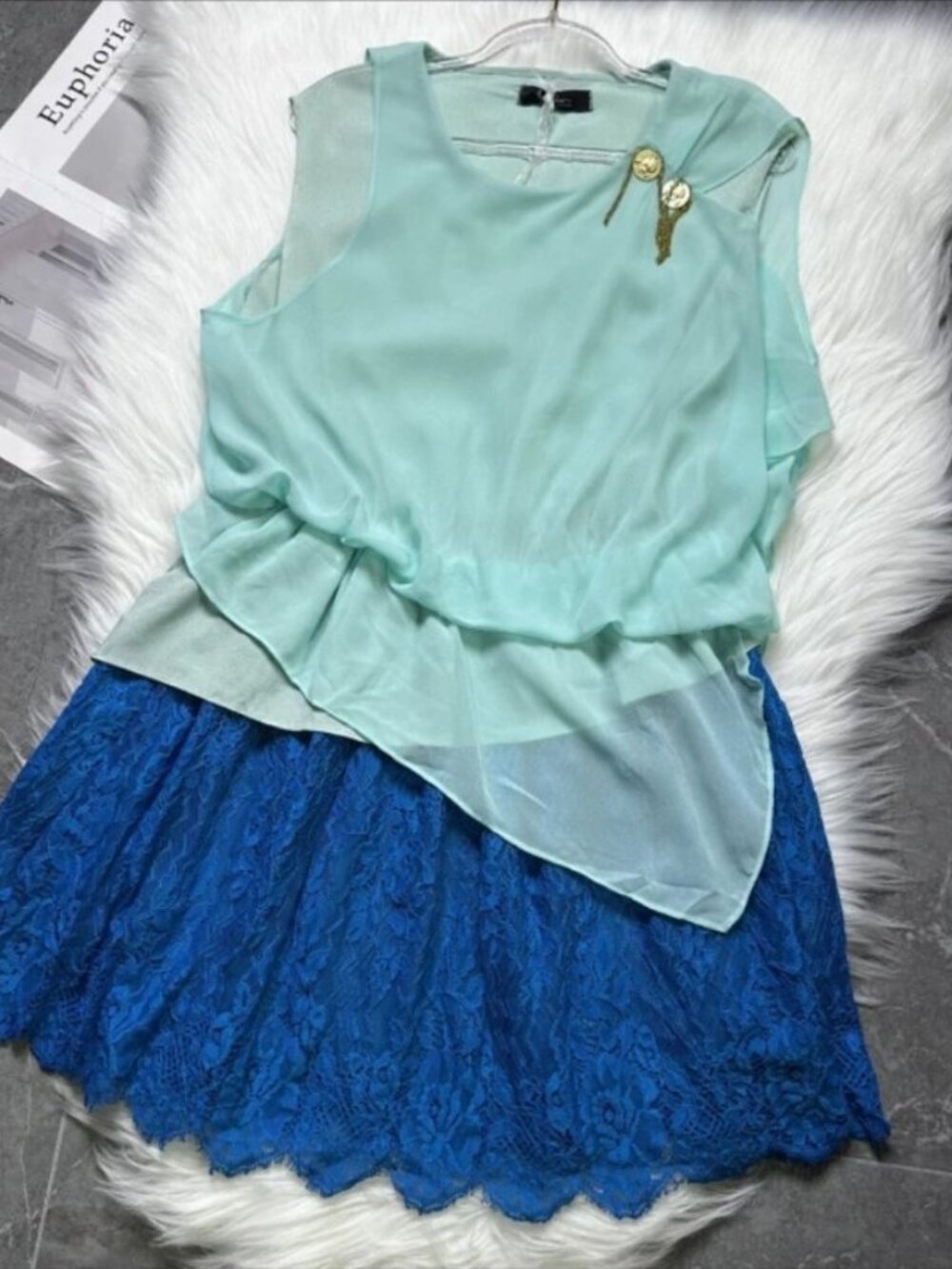 NWT Foliage Silk Dress Mint Green Blue Lace Size S